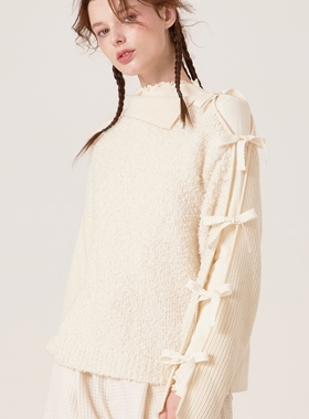 En blanc.原创设计软糯圈圈纱拼接开衩蝴蝶结正反两穿奶白色羊毛