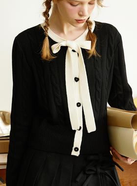 En blanc.原创设计黑白蝴蝶结系带领绞花羊毛针织开衫