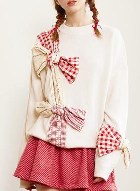 En blanc.ligne crème 原创设计白色蝴蝶结装饰套头针织衫