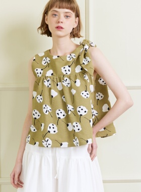 En blanc.ligne crème泡泡木棉印花系结上衣