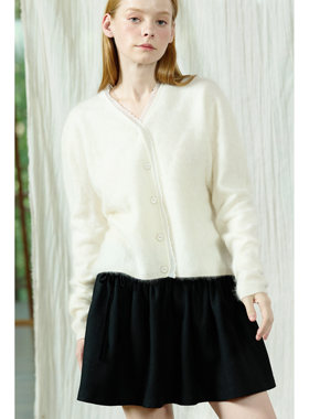 En blanc.ligne crème原创设计白色拼欧根纱花边长绒开衫