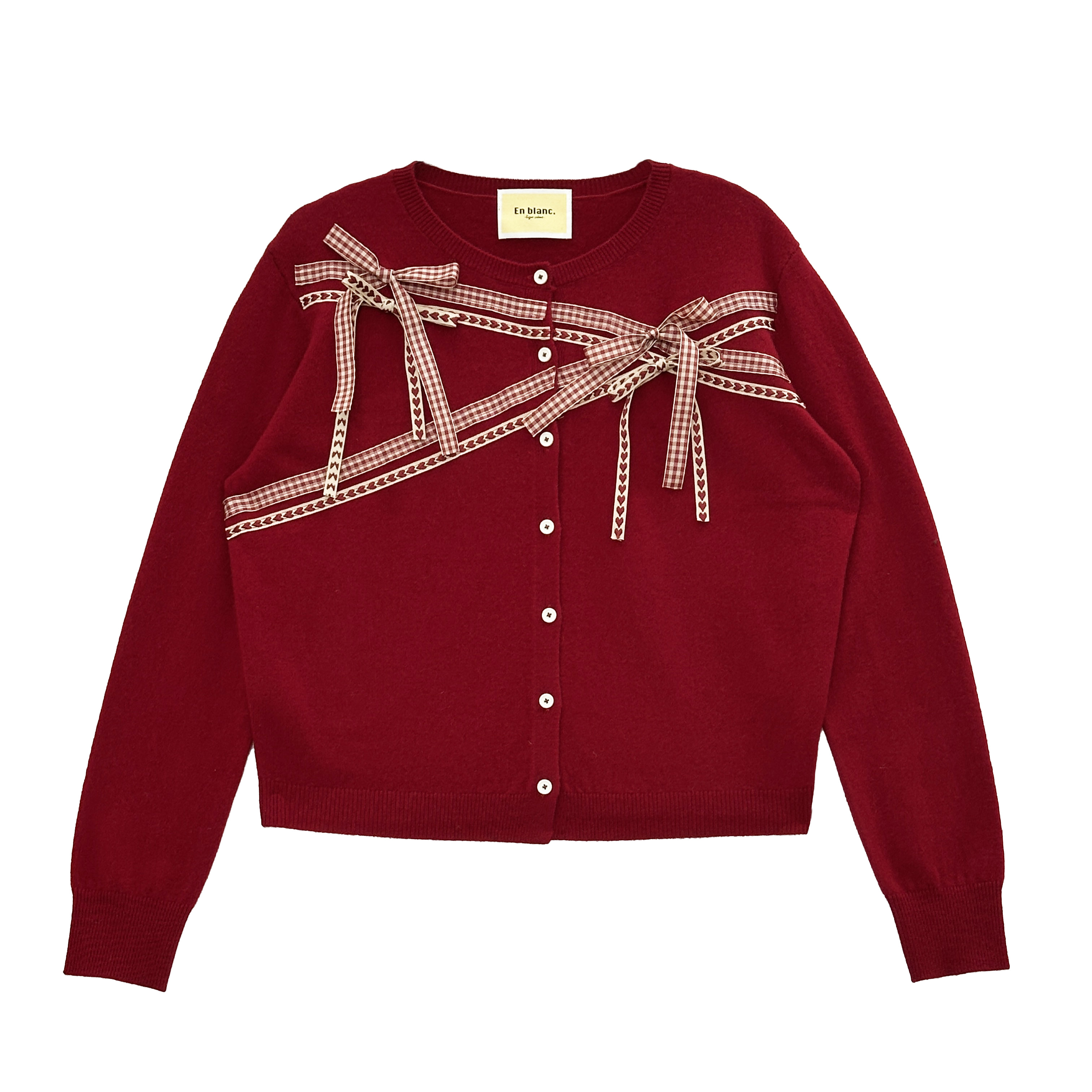 En blanc.ligne crème 原创设计双层系带蝴蝶结针织开衫