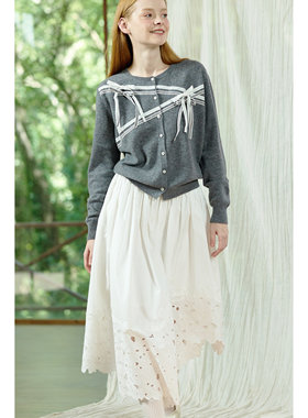 En blanc.ligne crème原创设计灰色双层蝴蝶结短羊毛针织开衫