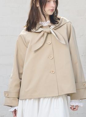 En blanc.ligne crème原创设计系结连帽短风衣