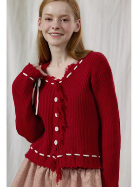 En blanc.原创设计勾线系带蝴蝶结毛边针织开衫