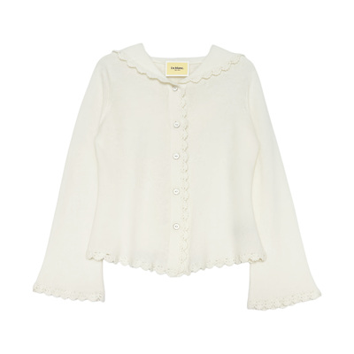 En blanc.ligne crème原创设计花边连帽羊绒羊毛针织开衫