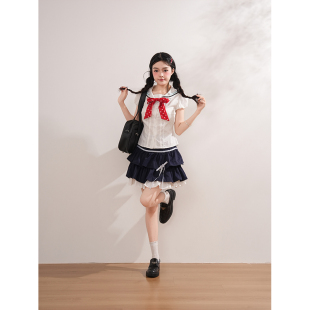 少女感学院风套装泡泡袖海军领衬衫藏青荷叶短裙减龄穿搭一整套