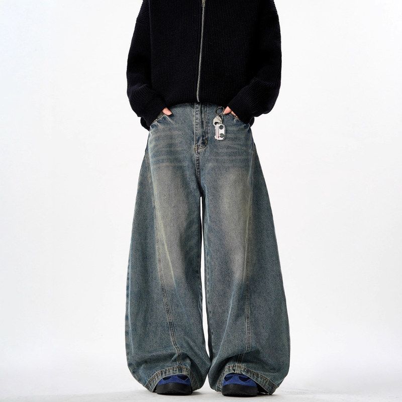 美式复古高街潮流水洗弯刀牛仔裤