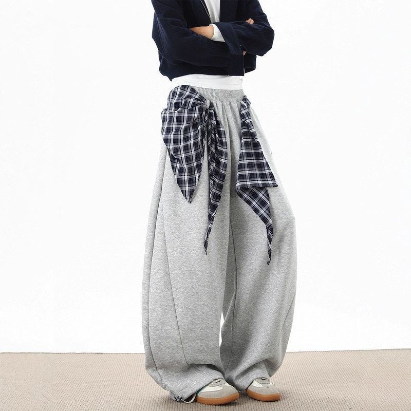 松弛感卫裤女秋美式复古格子屁帘