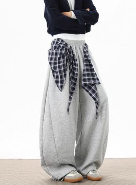松弛感卫裤女秋美式复古格子屁帘叠穿弯刀小众嘻哈街舞宽松阔腿裤