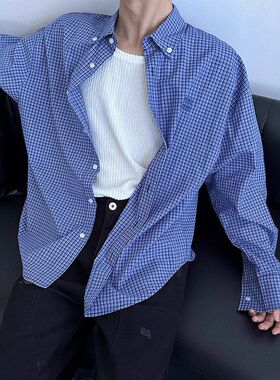 港坞尘界|美式复古慵懒宽松蓝色格子长袖衬衫男休闲刺绣衬衣