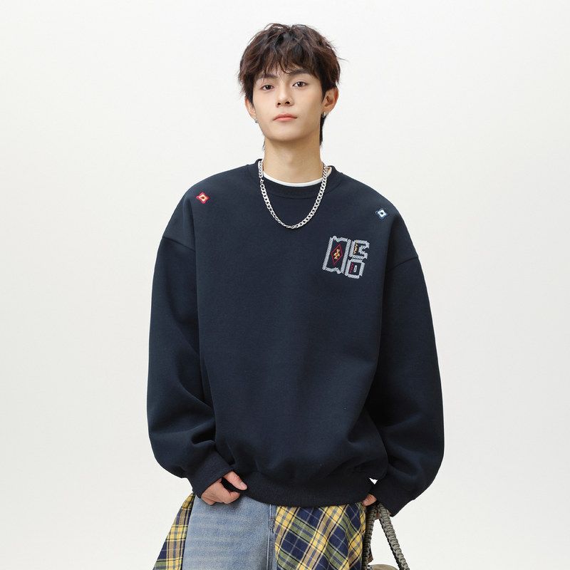 民族风撞色刺绣宽松廓形圆领卫衣