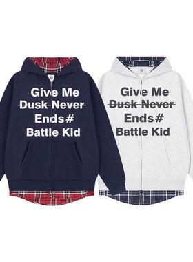 格子拼接开衫外套男秋冬季假两件连帽卫衣宽松潮牌美式情侣衣服bf