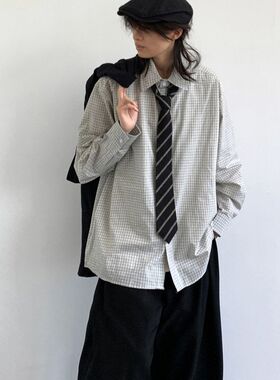 港坞尘界|复古格子长袖衬衫男女春秋宽松休闲百搭翻领衬衣外套