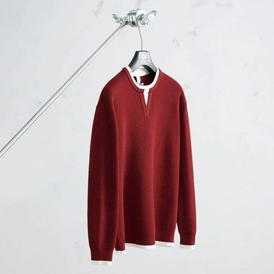 拼接设计感红色假两件领针织衫