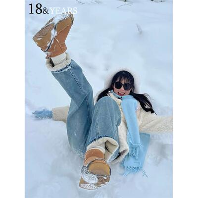 加绒浅色窄版阔腿牛仔裤女秋冬2025新款高腰显瘦宽松小个子直筒裤