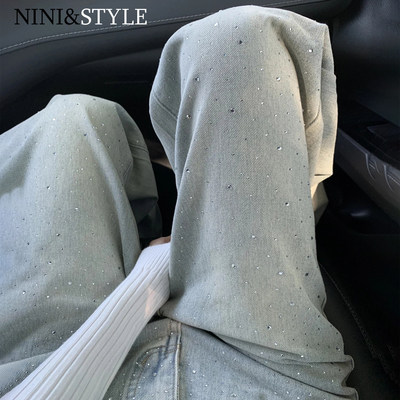 满天星烫钻浅色阔腿牛仔