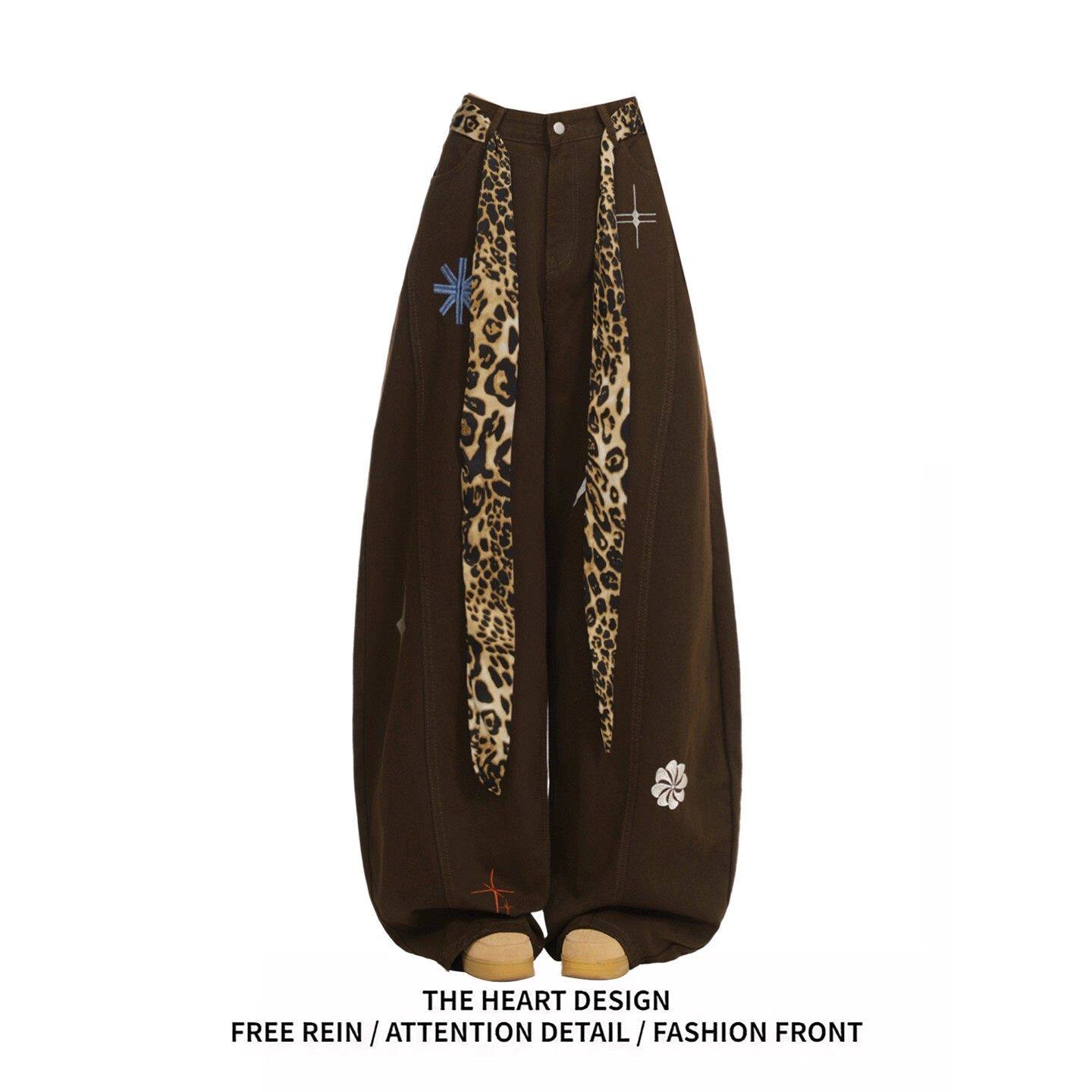 美式复古豹纹飘带刺绣牛仔裤女秋冬宽松显瘦小众设计感阔腿弯刀裤