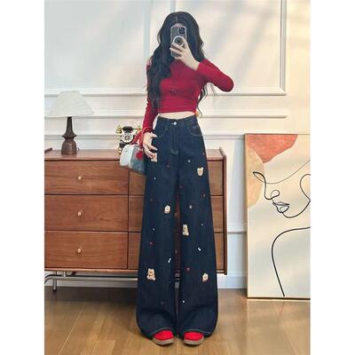 卡通刺绣阔腿牛仔裤女春