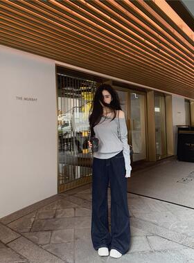 famouswang2025年春季新款百搭高腰宽松深蓝色阔腿牛仔裤女