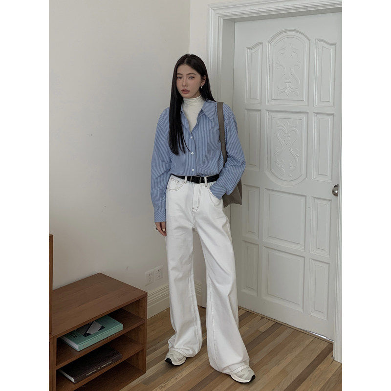 Halo Luu白色阔腿牛仔裤女春秋新款宽松休闲 裤子大长腿直筒拖地