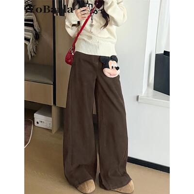 覆古棕咖色阔腿牛仔裤女