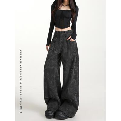 黑色印花工装牛仔裤女秋