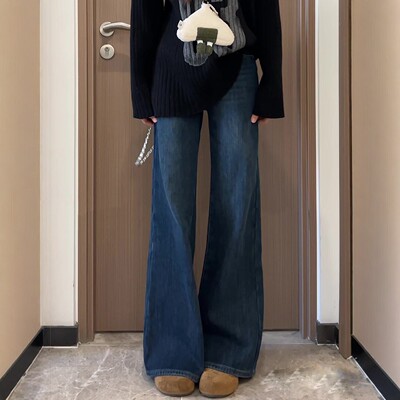 深蓝色加绒微喇裤女小个