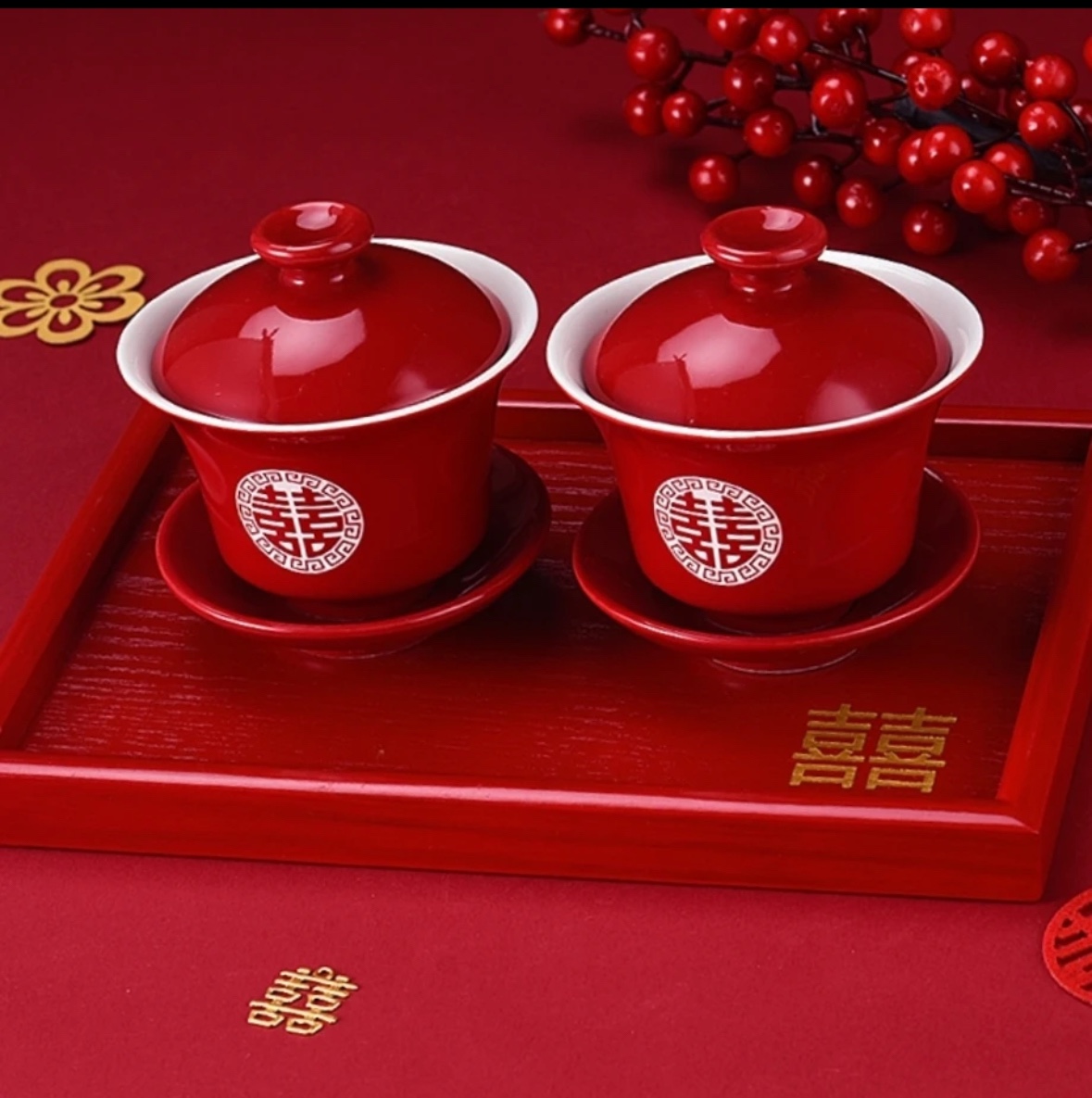 陶瓷中式结婚纯红喜字茶杯