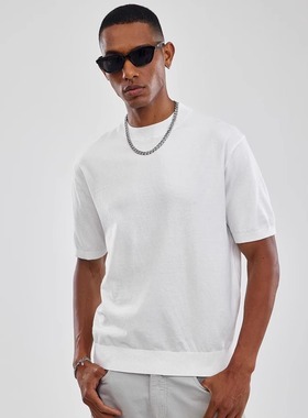 45Cent老钱风法尼澳绒弹性正肩短袖T恤小高领纯色慵懒针织T恤夏季