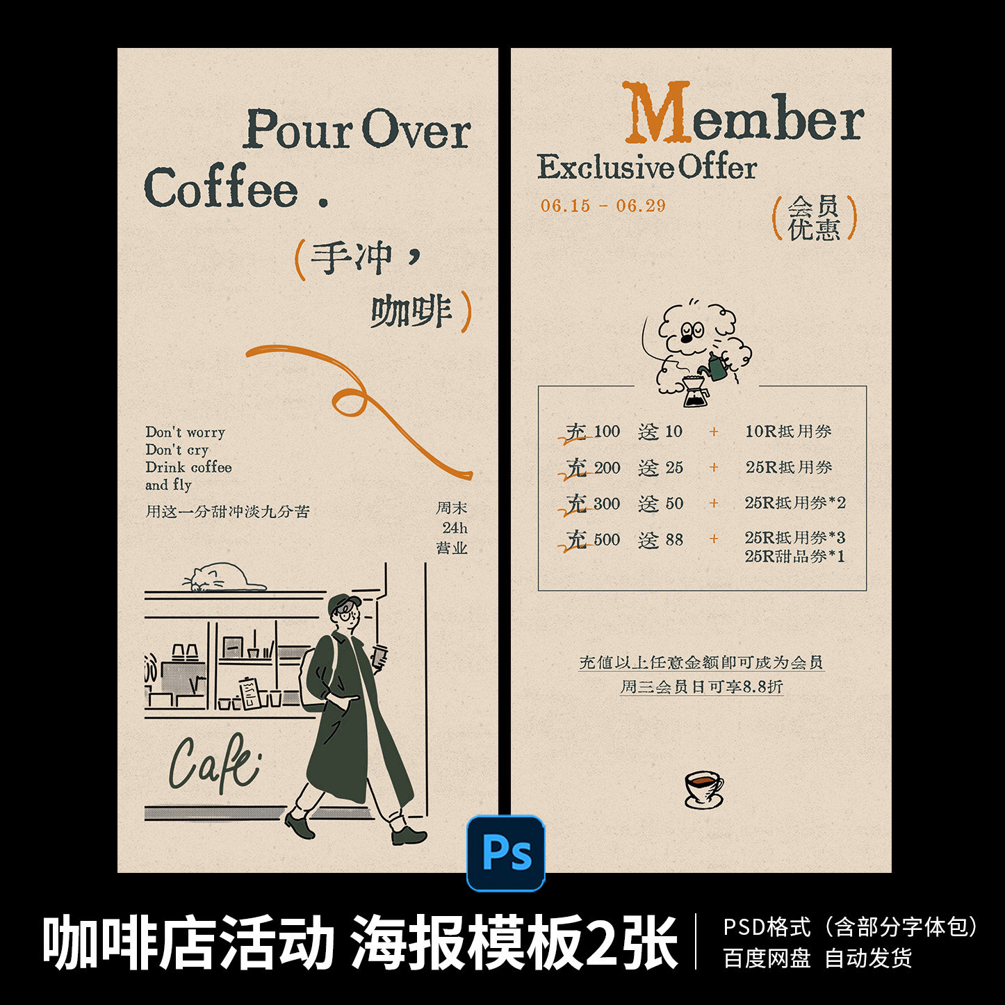 咖啡店会员卡会员优惠活动海报复古饮品店开业活动海报PSD模板02