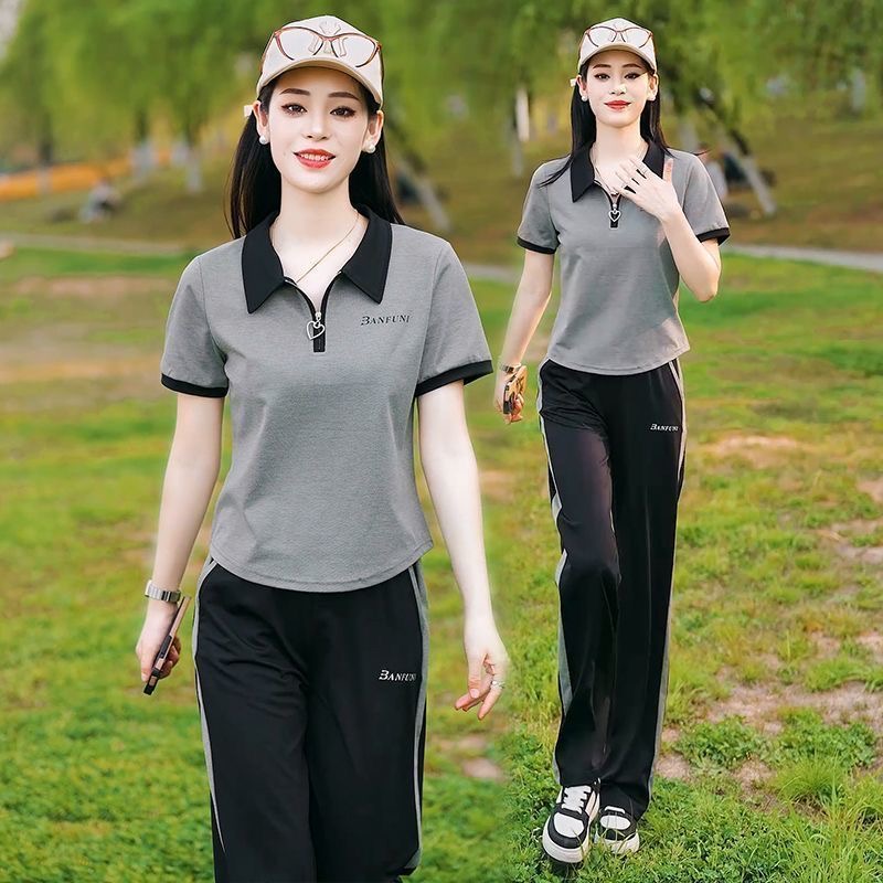 2025新款夏季运动套装女短袖POLO衫直筒裤大码冰丝T恤休闲两件套