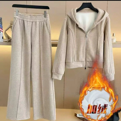 加绒休闲运动套装女秋冬装2025新款宽松显瘦连帽卫衣阔腿裤两件套
