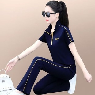 休闲运动套装 阔腿裤 女2025夏季 洋气减龄显瘦短袖 两件套潮 新款 时尚