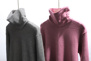 无印风细条纹高领打底衫女春秋高弹力磨毛厚实保暖上衣（瑕疵）