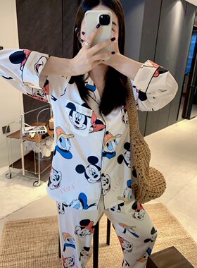 学生冰丝睡衣薄款女士春秋长袖卡通丝绸可爱米奇唐老鸭家居服套装