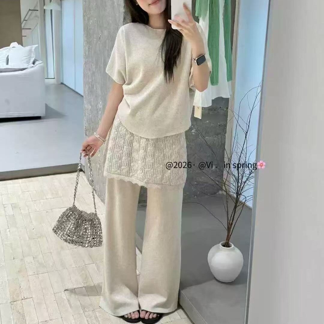 韩国东大门2026夏季新款洋气百搭显瘦屁帘拼接长裤+上衣套装女