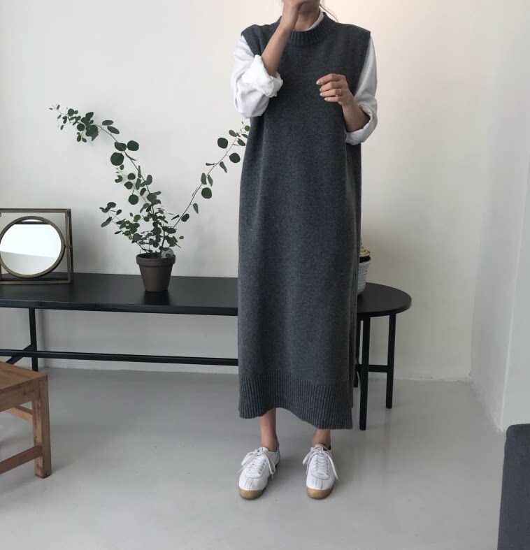 小番茄 韩国 INS风 长款马甲针织衫连衣裙小众百搭毛衣裙