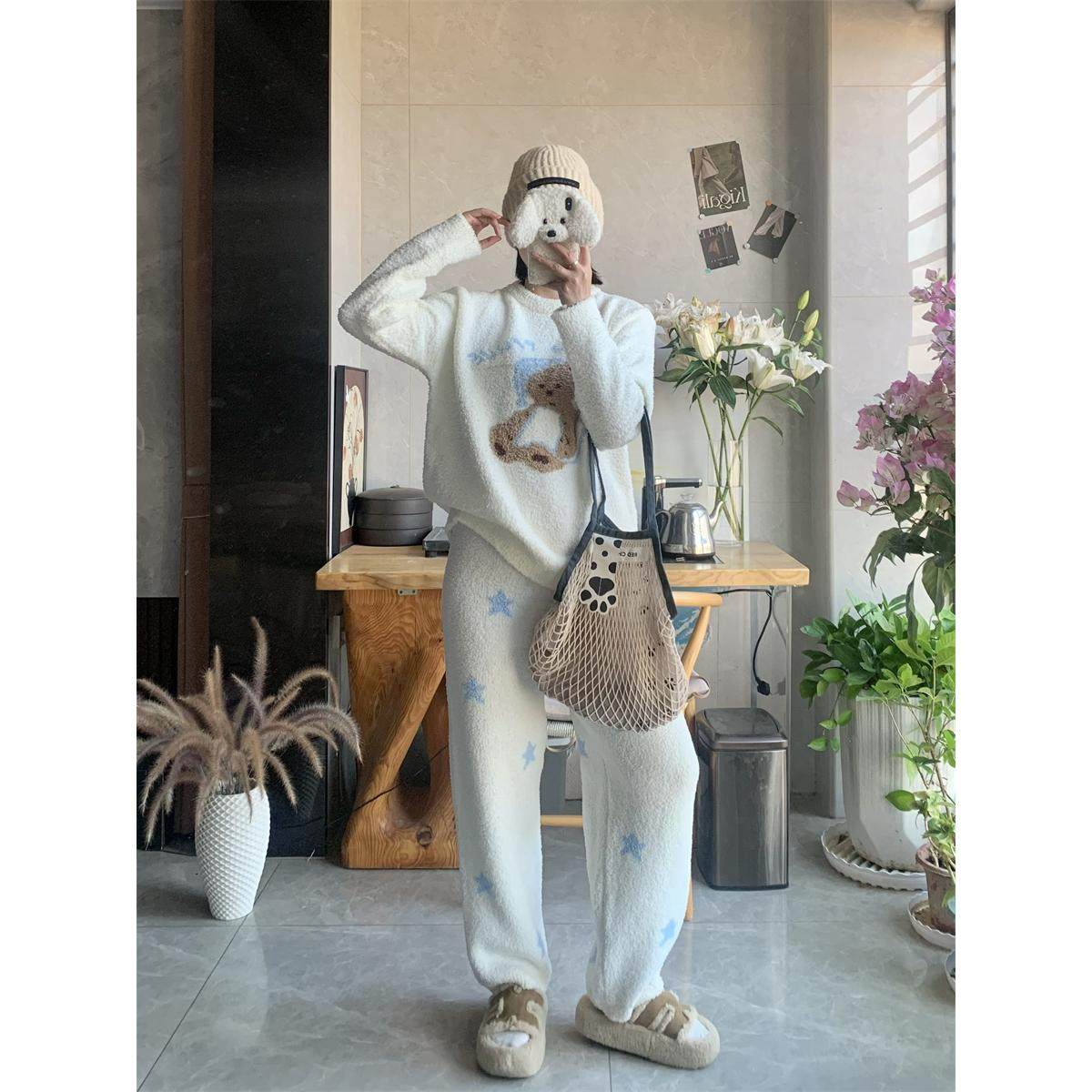 小番茄可爱少女小熊针织半边绒睡衣女加厚休闲百搭家居服毛衣套装