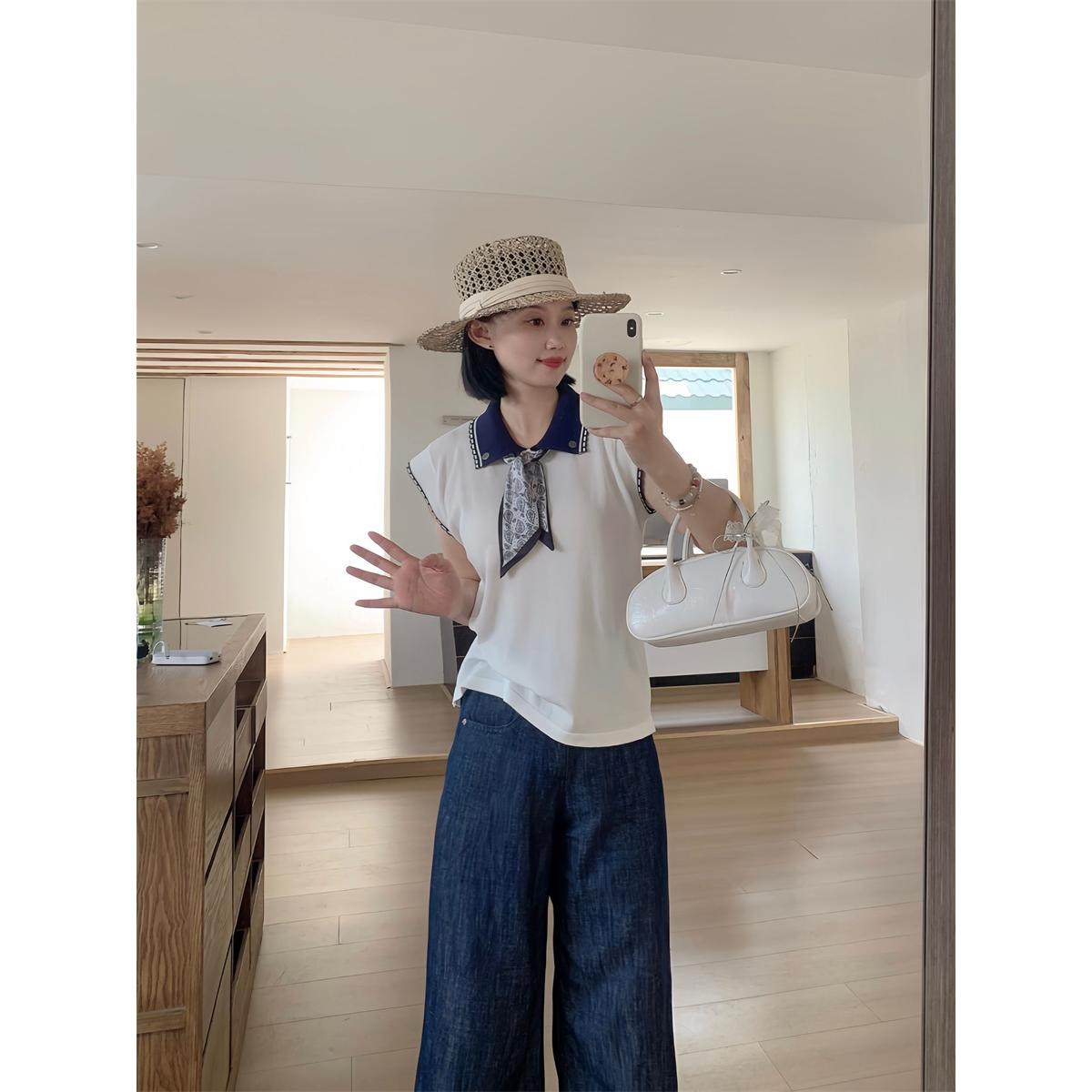 小番茄 韩系设计感撞色翻领丝巾飞飞袖背心针织衫百搭上衣女