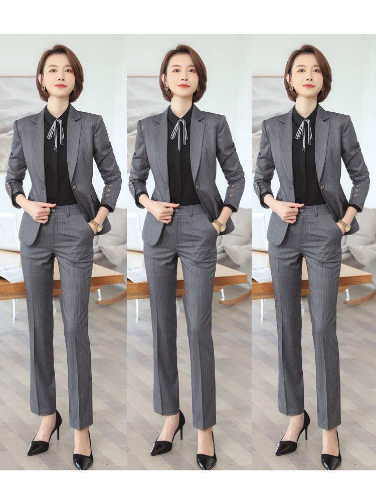 条纹职业装西装套装女春季气质正装时尚高端酒店工装售楼部工作服