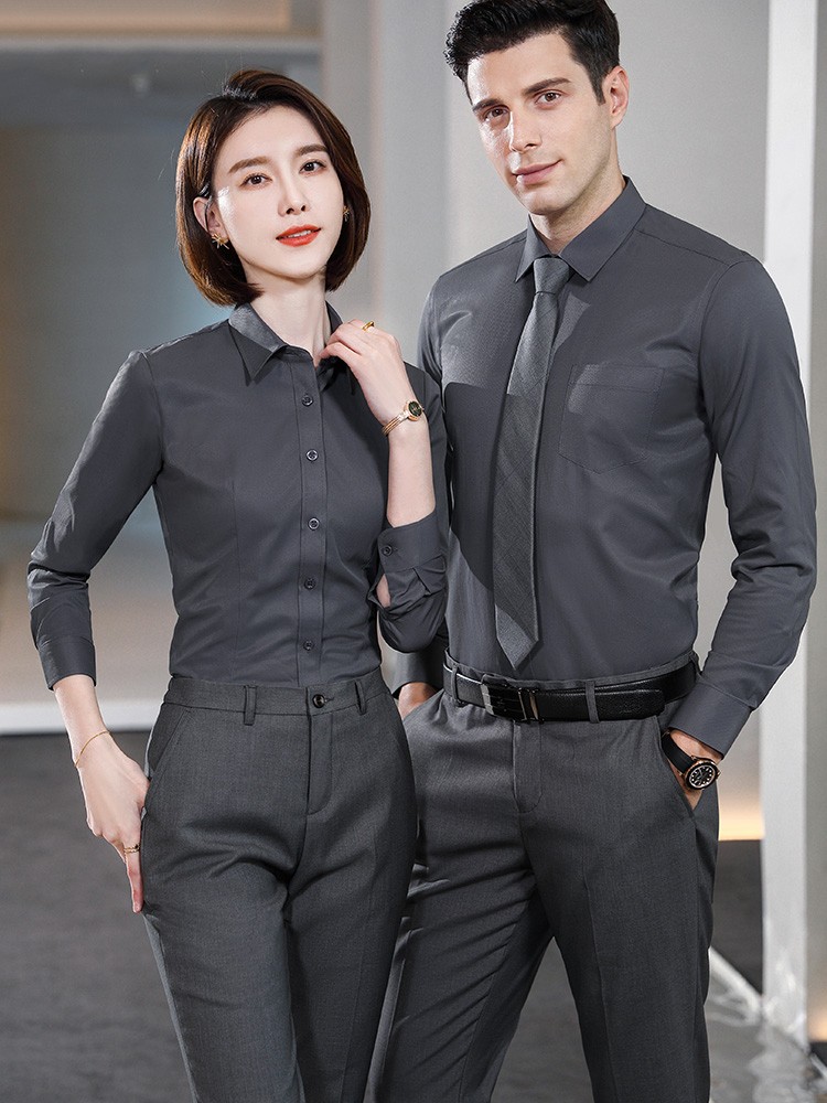 男女职业长袖衬衫工作服4S店公司工装商务正装深灰色衬衣定制LOGO