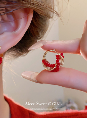 「遇见饰品MEET」红色扭曲圈圈耳环高级感轻奢耳钉小众设计耳饰女