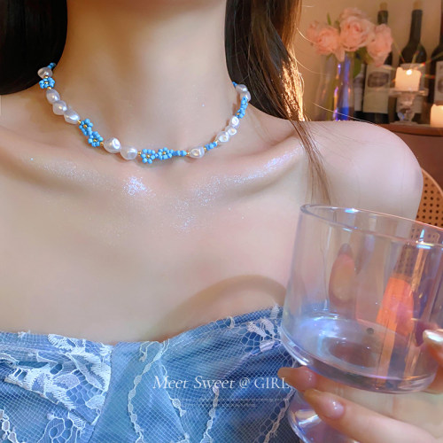 蓝色米珠花朵珍珠项链女