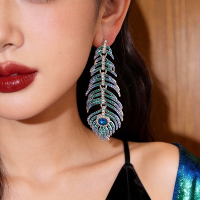 满钻羽毛耳环夸张时尚气质