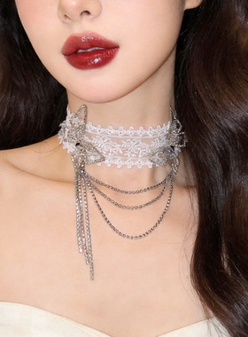 花边镶钻蝴蝶流苏颈链配饰女
