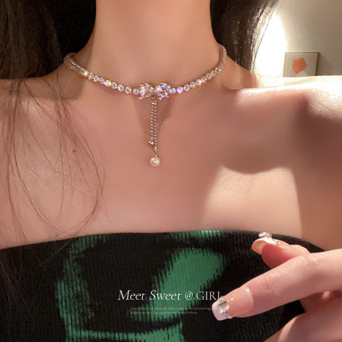 轻奢小众蝴蝶结流苏珍珠项链