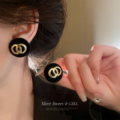 小香风黑色丝绒耳钉2025新款 爆款 耳环小众高级感气质复古耳饰女