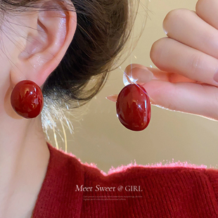 高級(jí)感復(fù)古港風(fēng)耳環(huán)新娘喜慶耳飾 安可拉紅色圓形耳釘女2025年新款