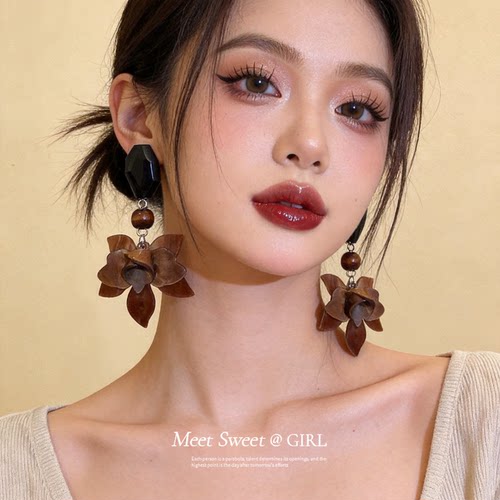 国风复古风棕色花朵耳钉女小众